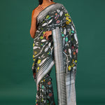 Feldgrau Green Banarasi Tussar Saree With Floral Jaal