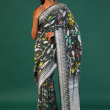 Feldgrau Green Banarasi Tussar Saree With Floral Jaal