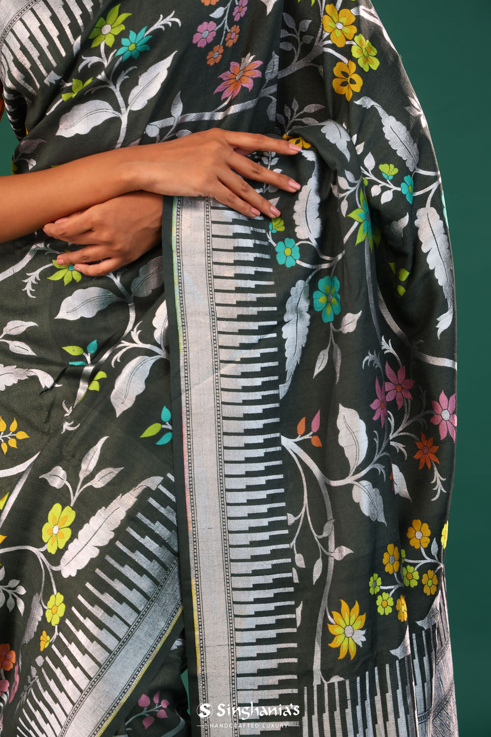 Feldgrau Green Banarasi Tussar Saree With Floral Jaal