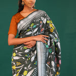 Feldgrau Green Banarasi Tussar Saree With Floral Jaal