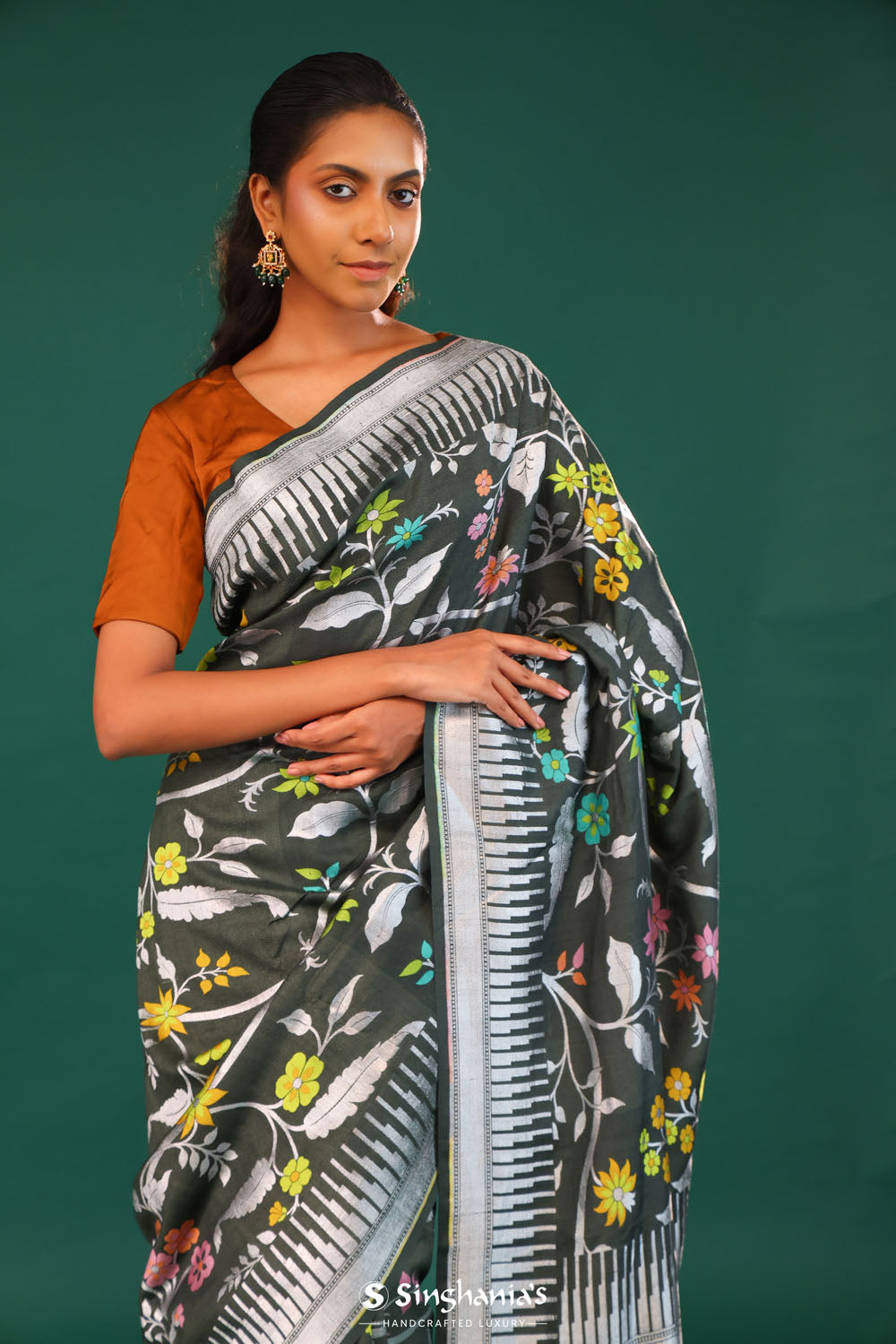 Feldgrau Green Banarasi Tussar Saree With Floral Jaal