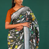 Feldgrau Green Banarasi Tussar Saree With Floral Jaal