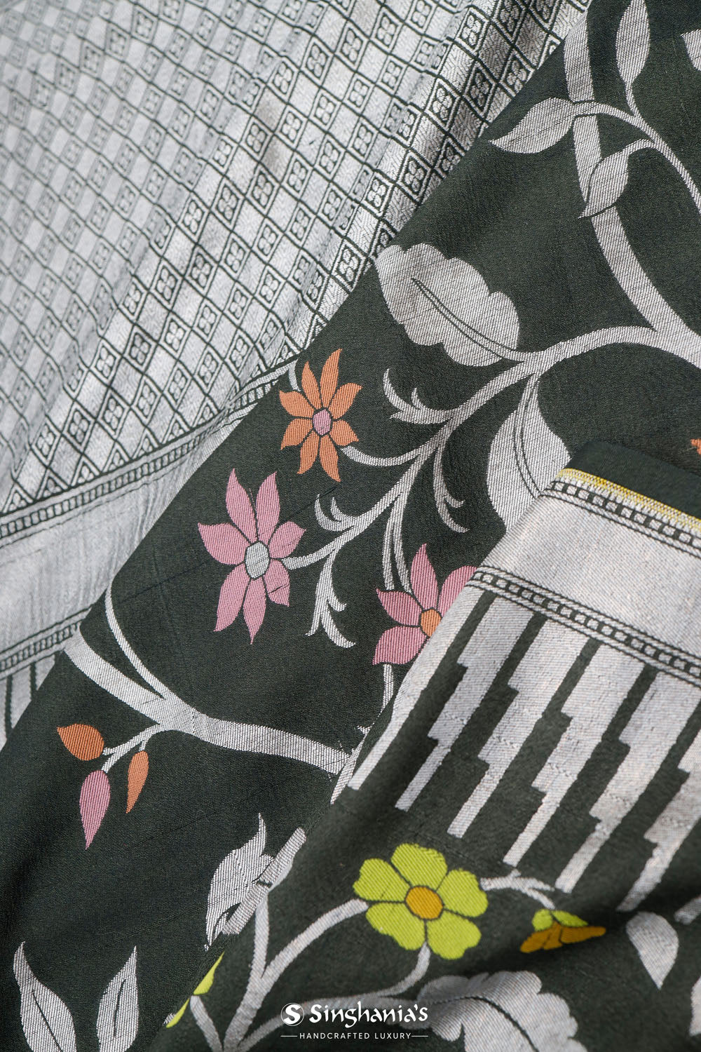 Feldgrau Green Banarasi Tussar Saree With Floral Jaal