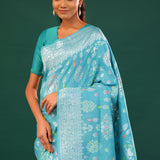 Turkish Blue Banarasi Tussar Saree With Floral Jaal