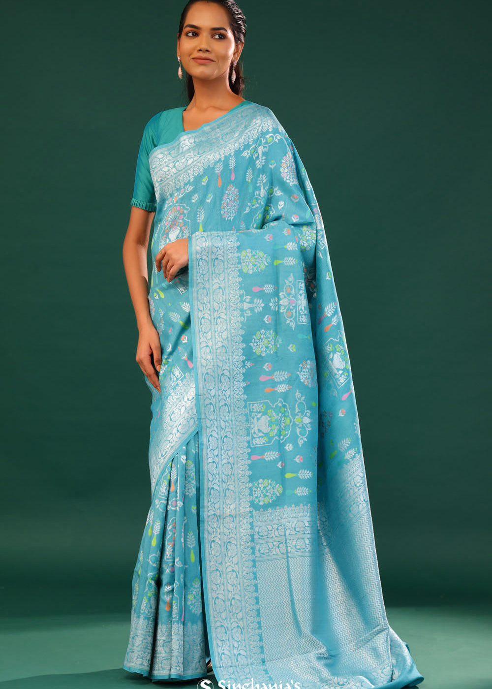 Turkish Blue Banarasi Tussar Saree With Floral Jaal