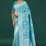 Turkish Blue Banarasi Tussar Saree With Floral Jaal