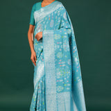 Turkish Blue Banarasi Tussar Saree With Floral Jaal