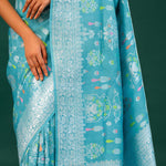Turkish Blue Banarasi Tussar Saree With Floral Jaal
