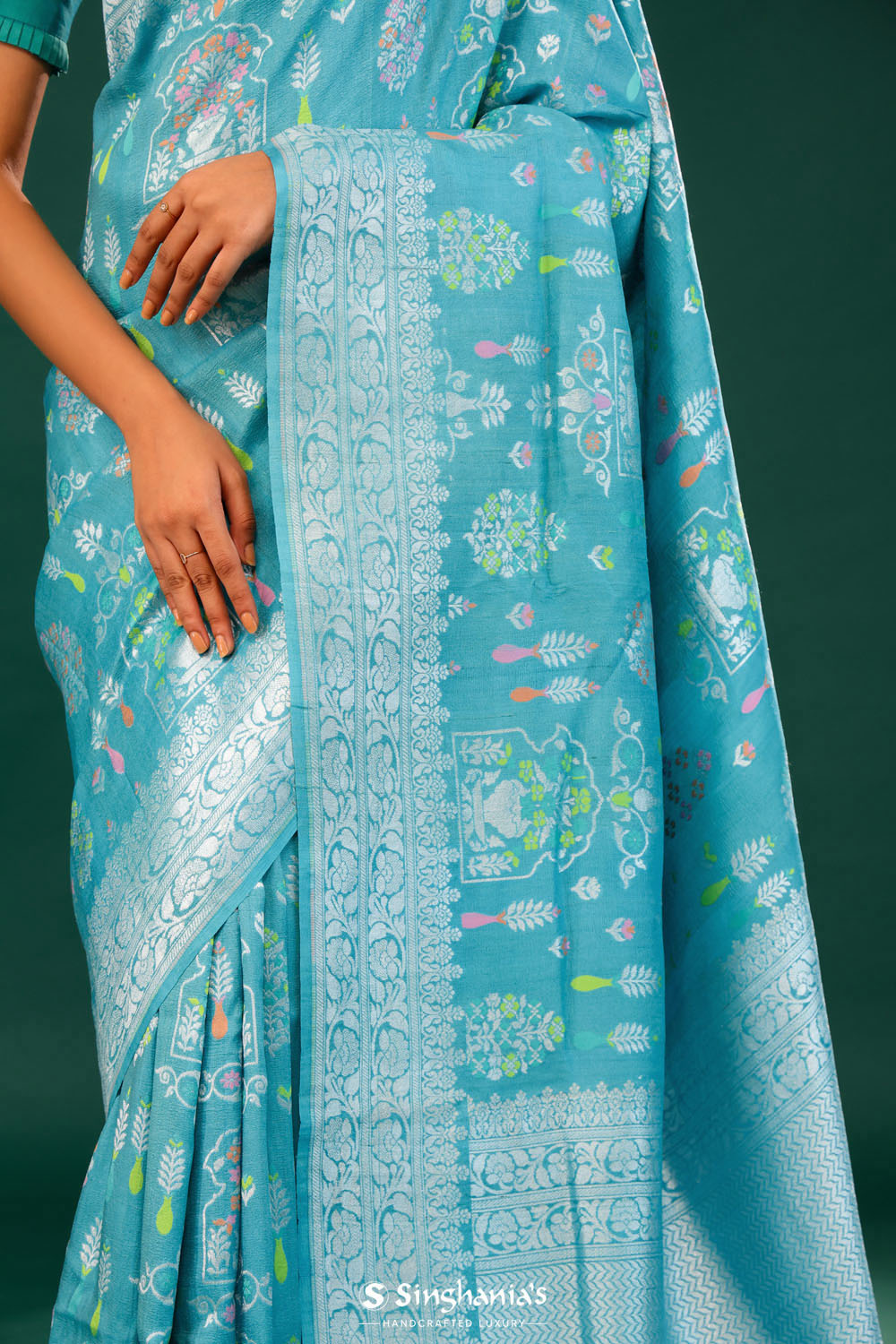 Turkish Blue Banarasi Tussar Saree With Floral Jaal