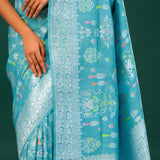 Turkish Blue Banarasi Tussar Saree With Floral Jaal