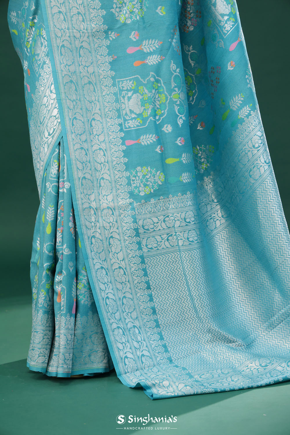 Turkish Blue Banarasi Tussar Saree With Floral Jaal