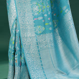 Turkish Blue Banarasi Tussar Saree With Floral Jaal