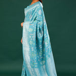 Turkish Blue Banarasi Tussar Saree With Floral Jaal