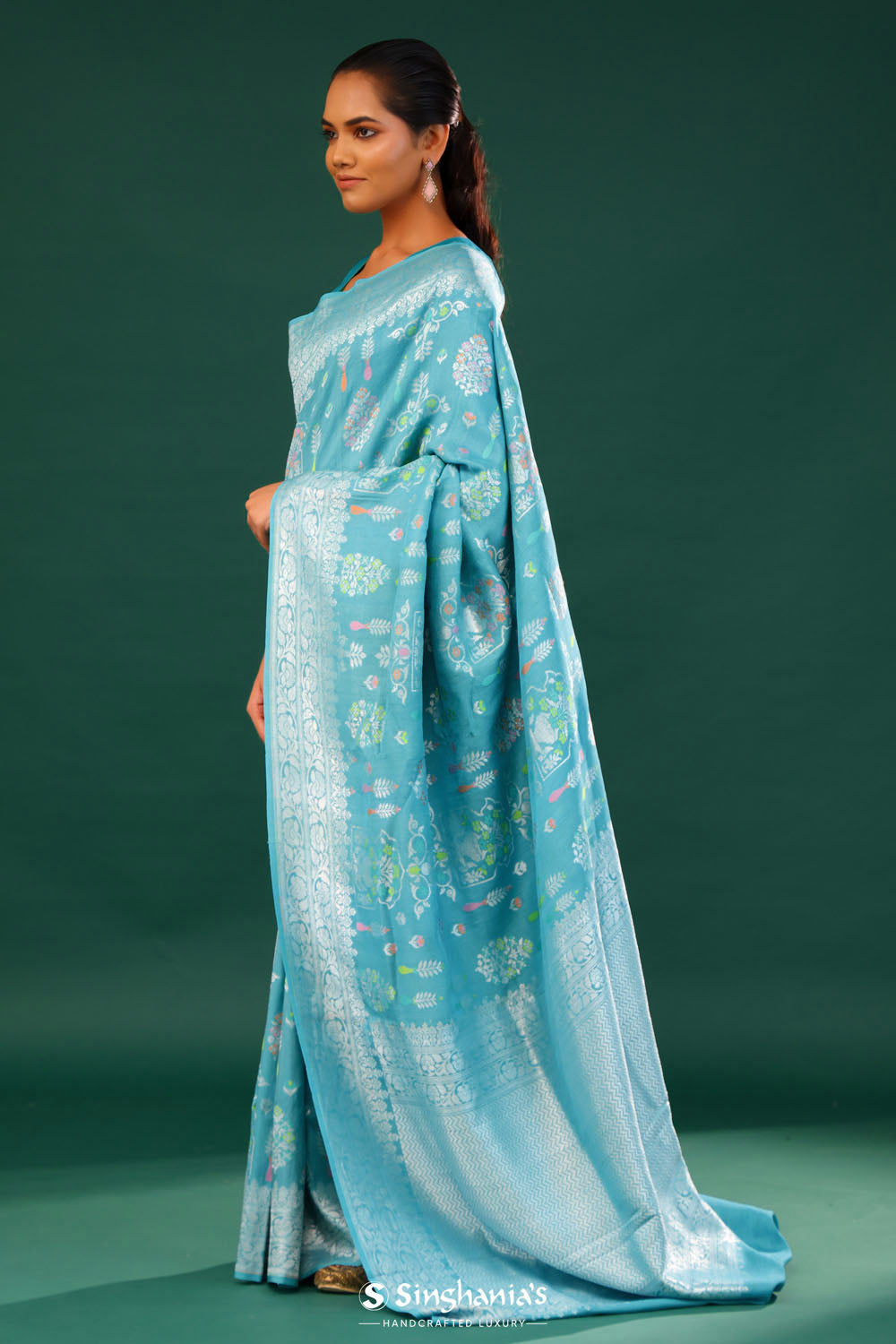 Turkish Blue Banarasi Tussar Saree With Floral Jaal