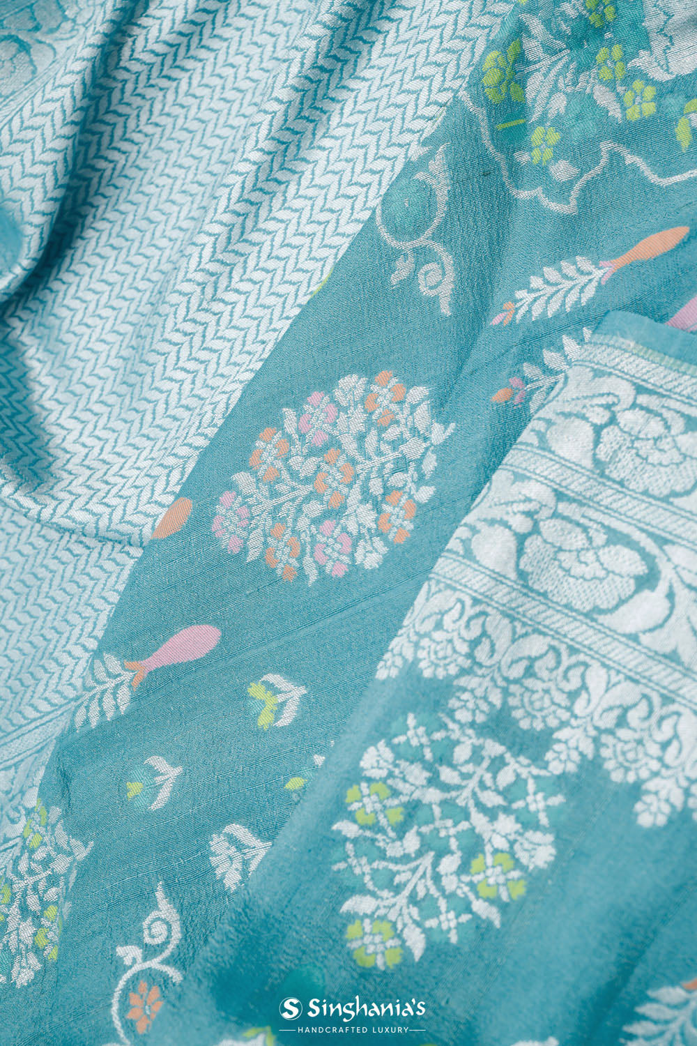 Turkish Blue Banarasi Tussar Saree With Floral Jaal