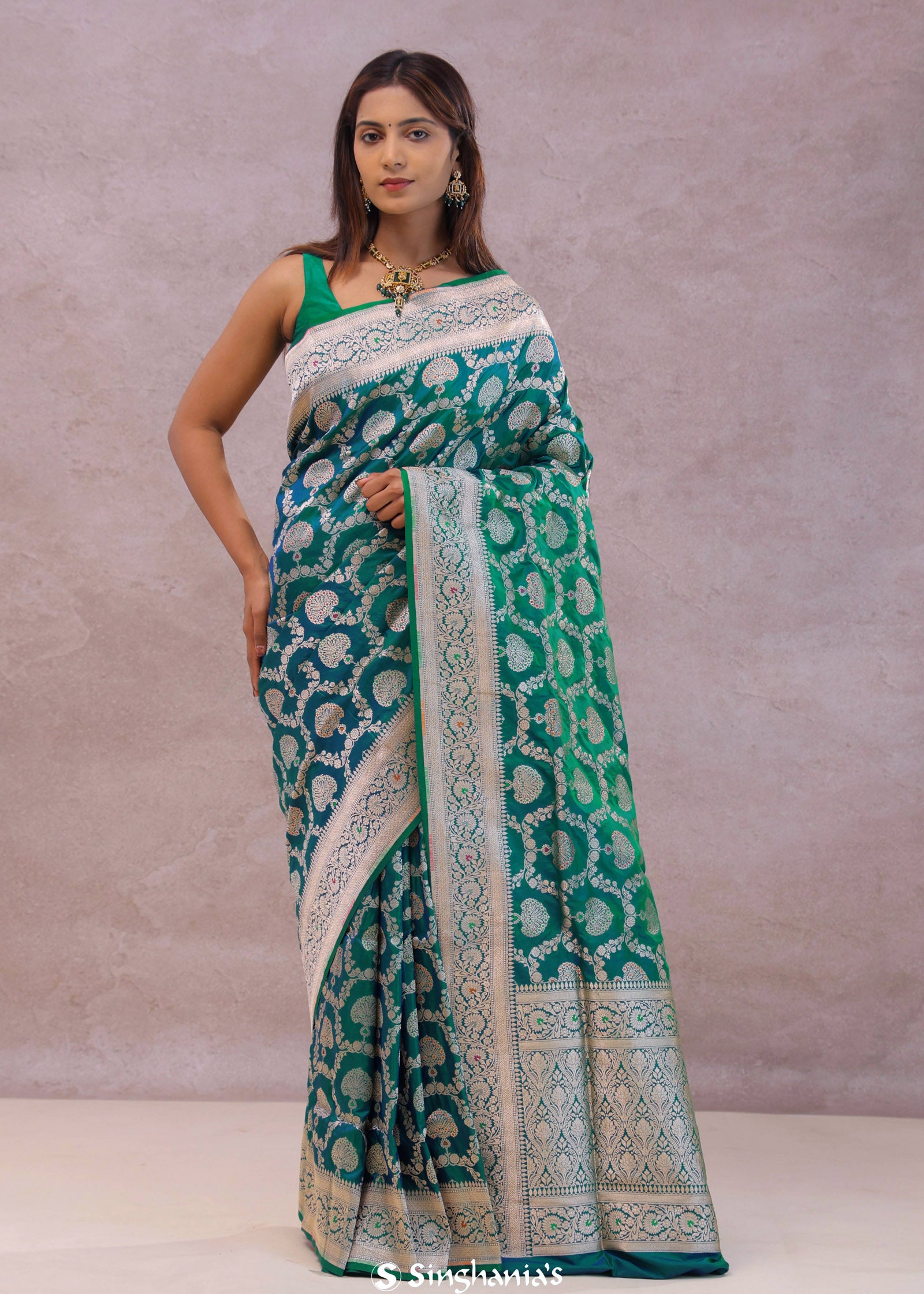 Green And Blue Dual Shade Banarasi Silk Saree With Meenakari Design