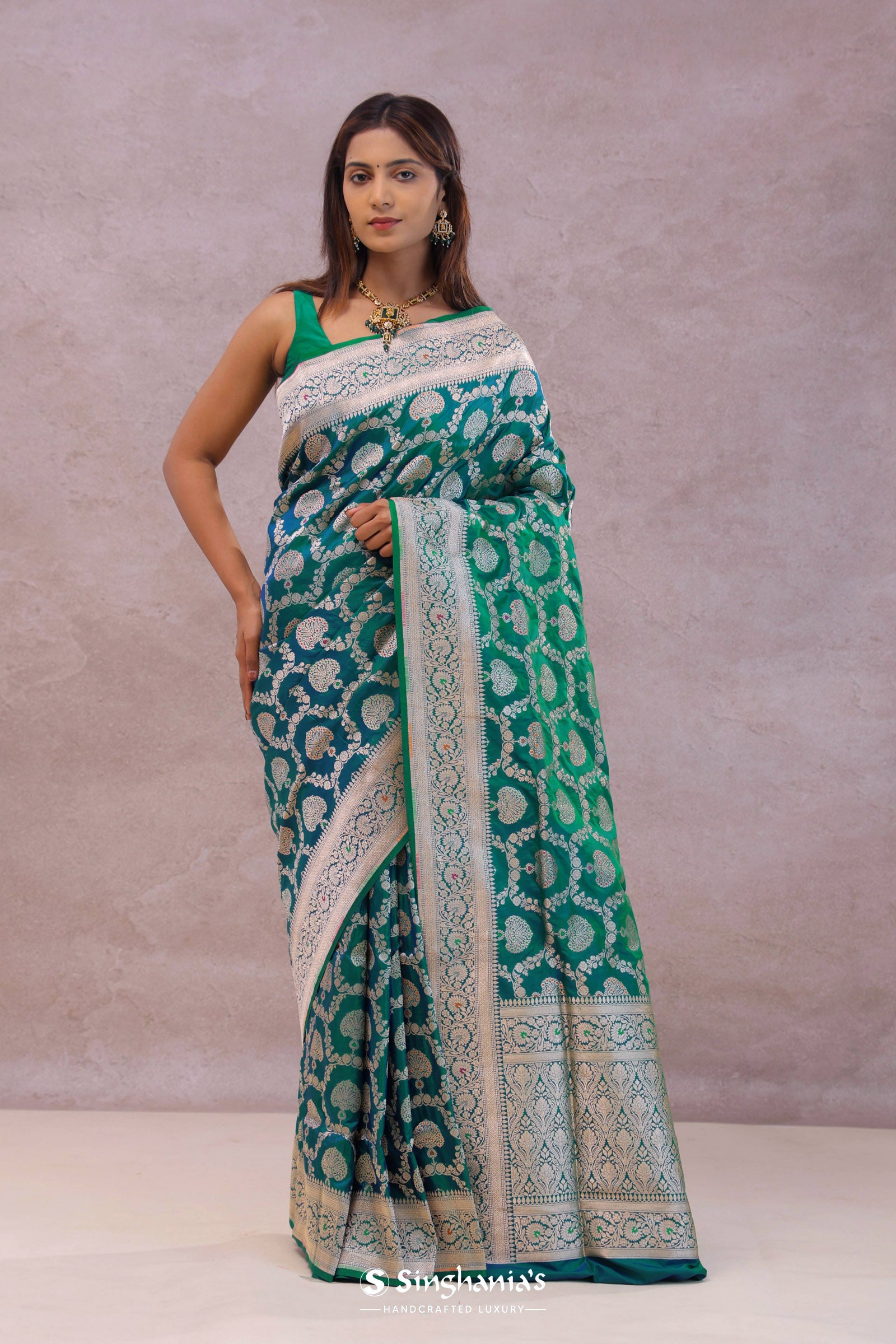 Green And Blue Dual Shade Banarasi Silk Saree With Meenakari Design