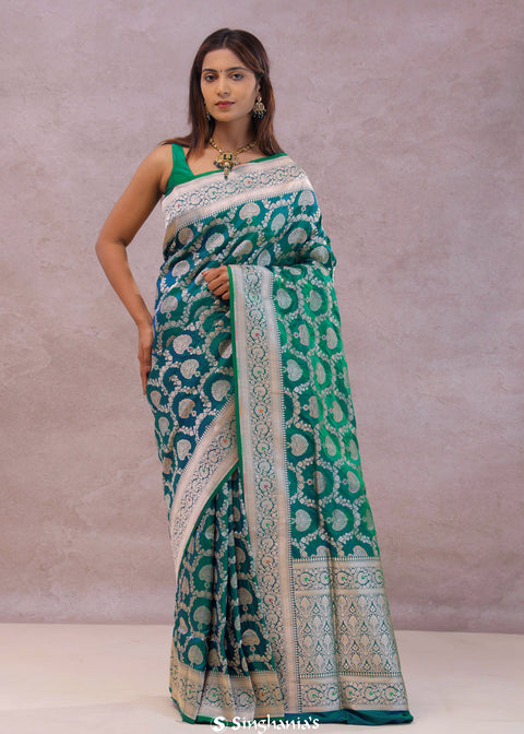 <img> Green And Blue Dual Shade Banarasi Silk Saree With Meenakari Design