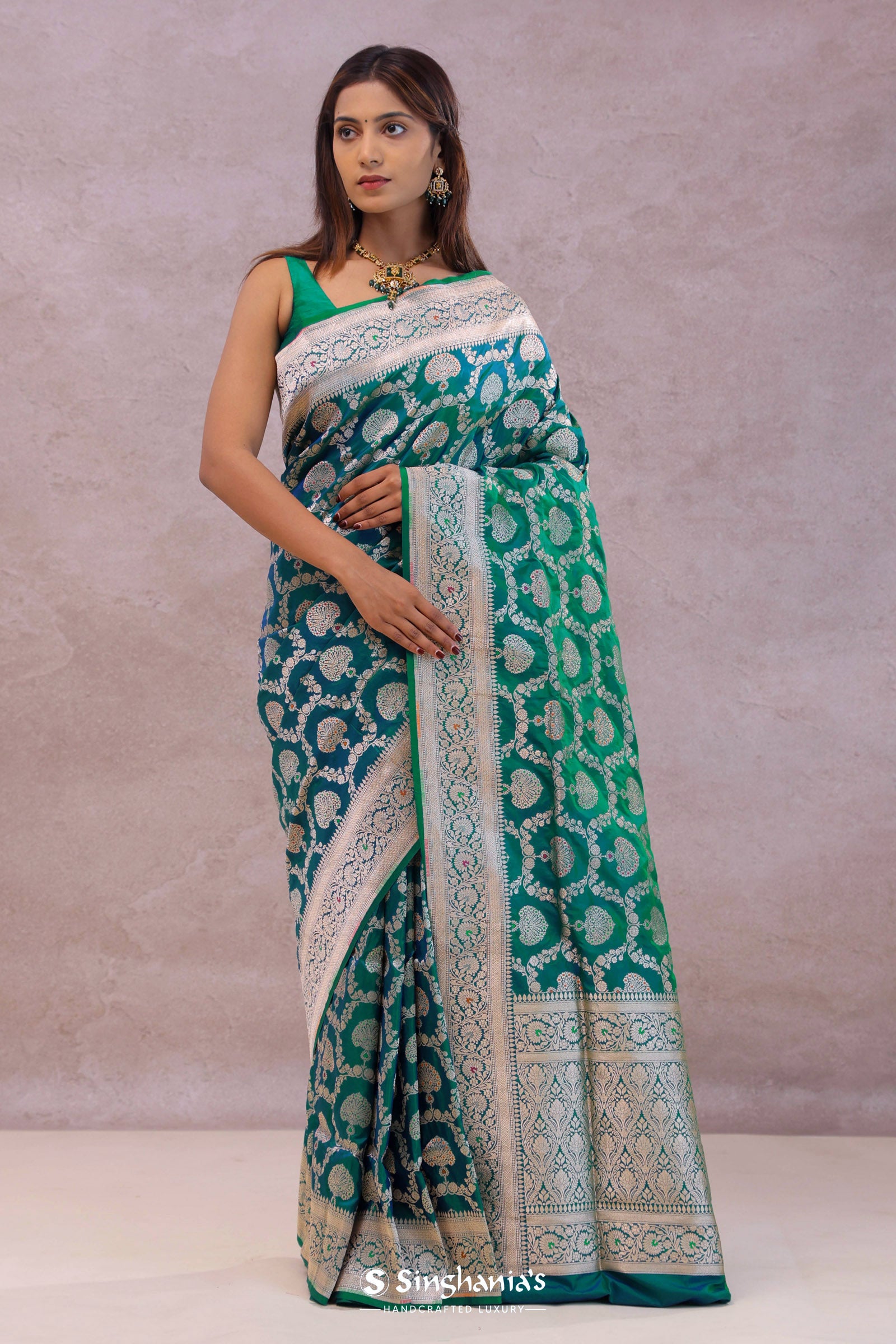 Green And Blue Dual Shade Banarasi Silk Saree With Meenakari Design