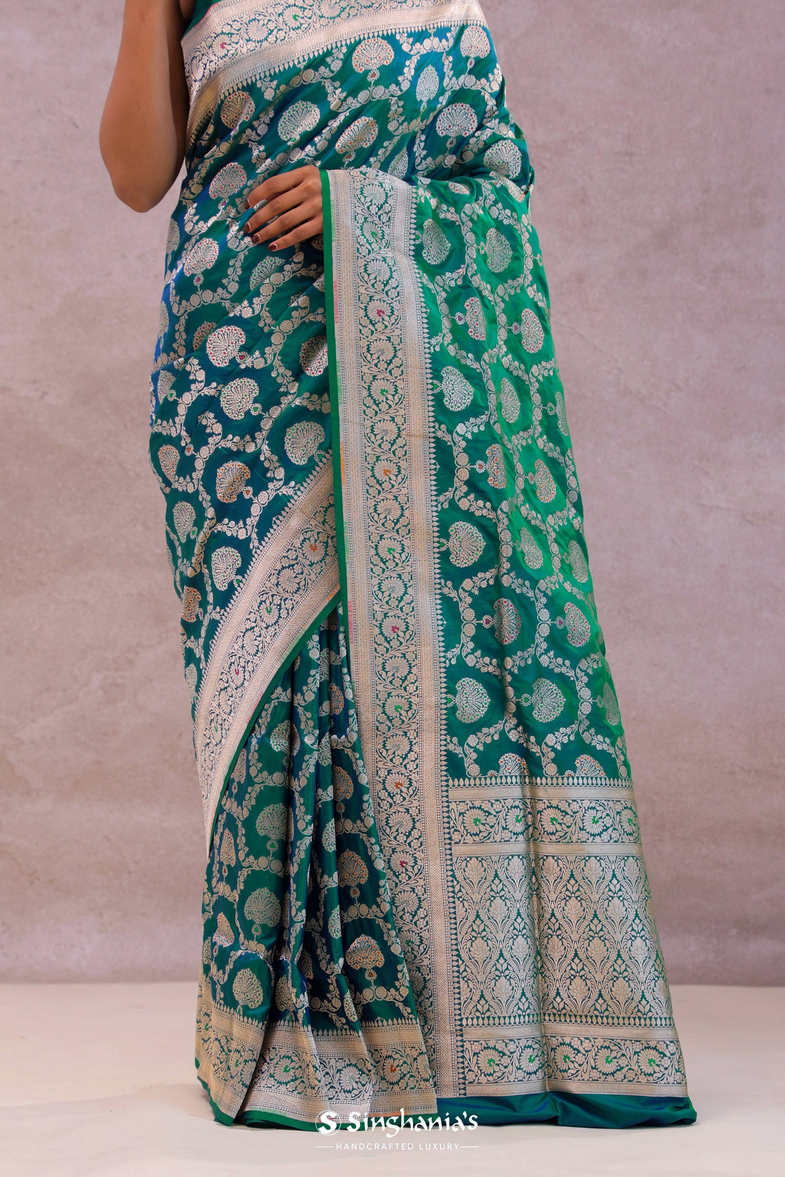Green And Blue Dual Shade Banarasi Silk Saree With Meenakari Design