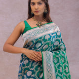 Green And Blue Dual Shade Banarasi Silk Saree With Meenakari Design