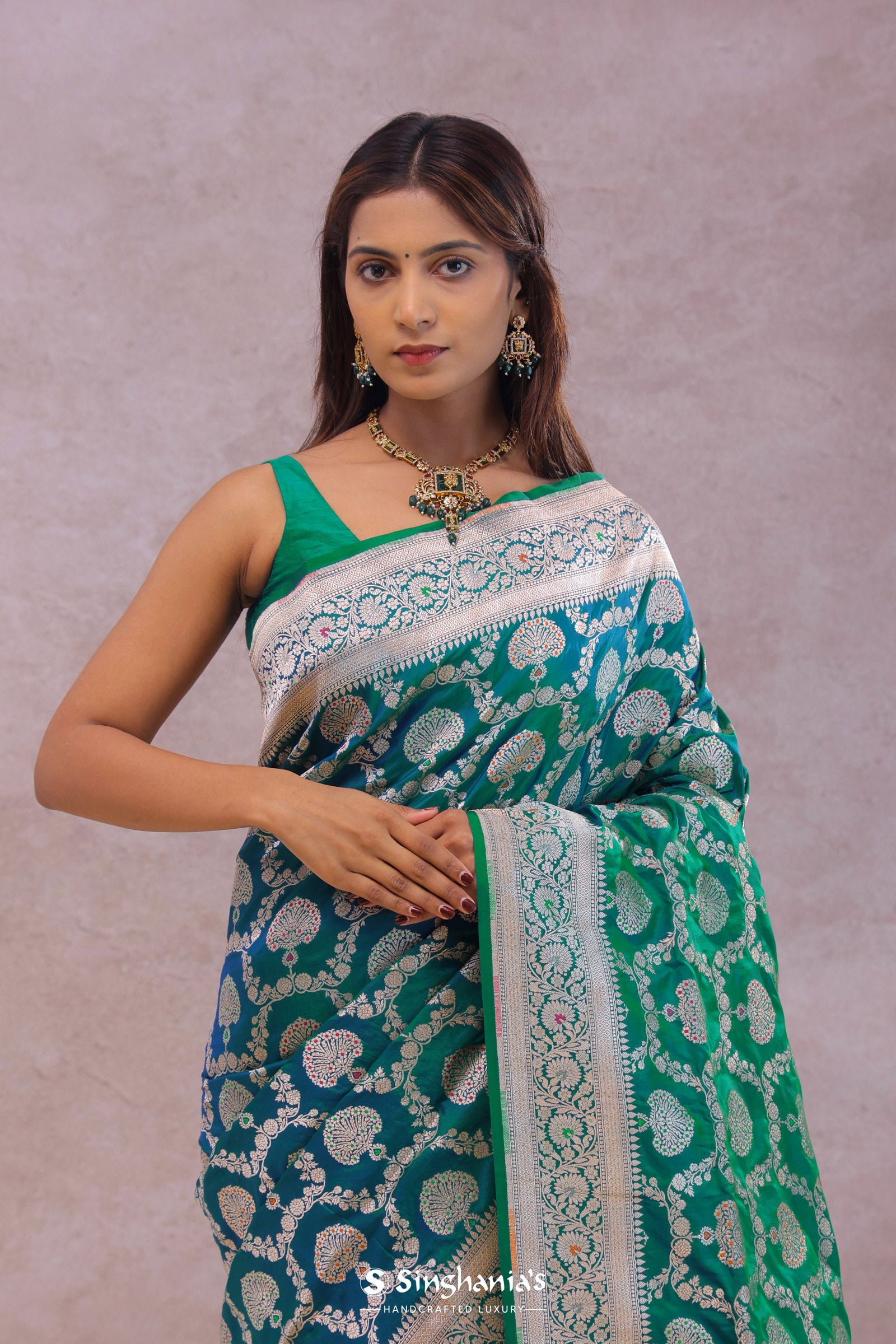 Green And Blue Dual Shade Banarasi Silk Saree With Meenakari Design