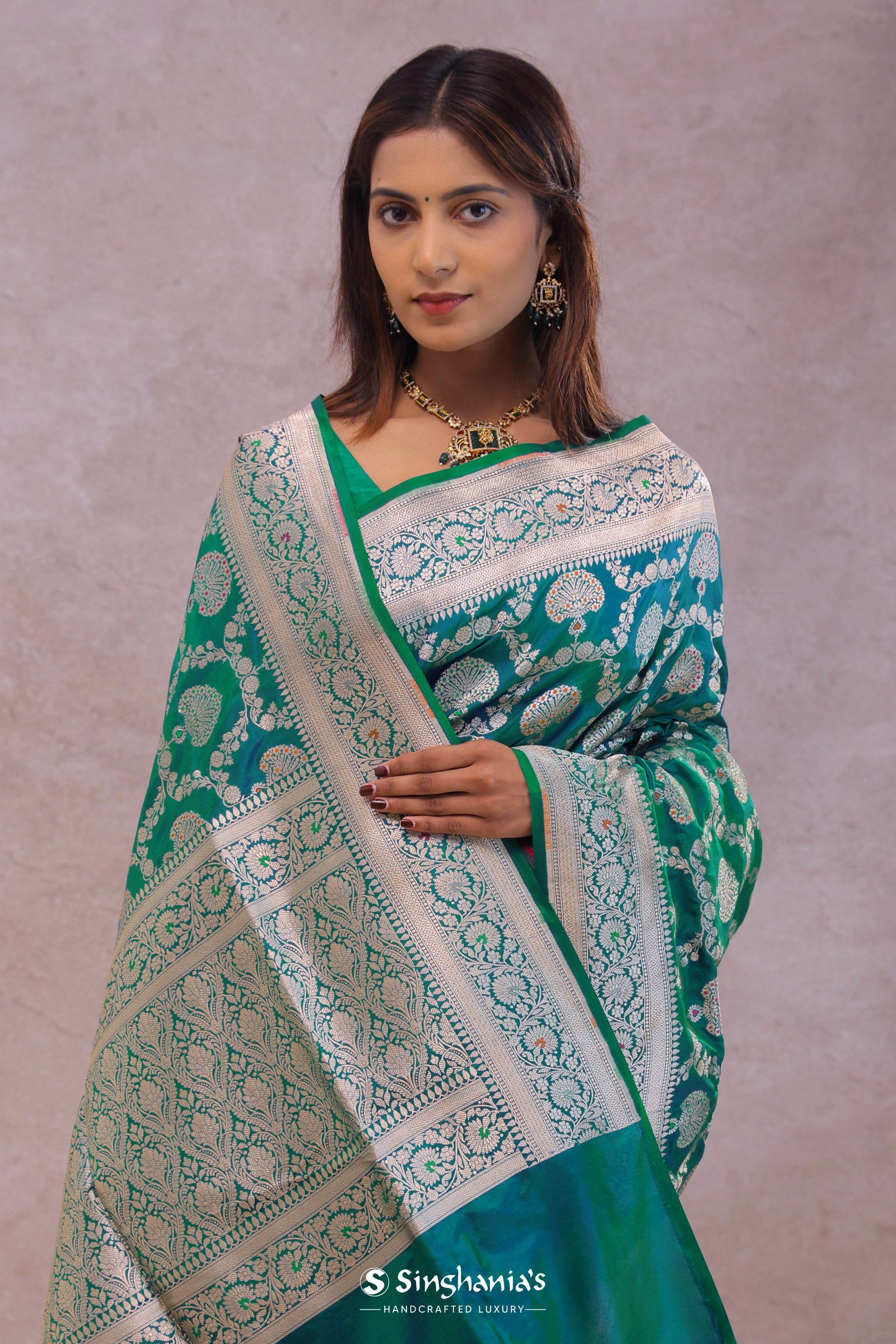 Green And Blue Dual Shade Banarasi Silk Saree With Meenakari Design