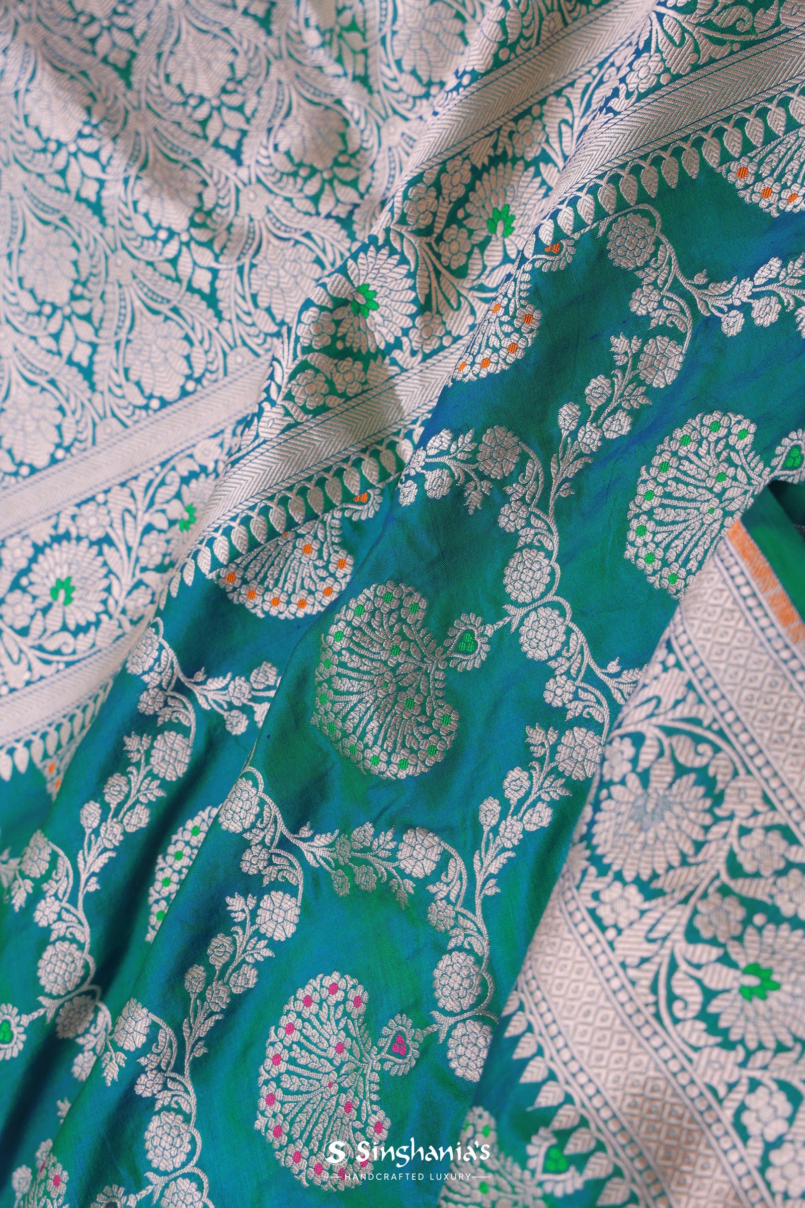 Green And Blue Dual Shade Banarasi Silk Saree With Meenakari Design