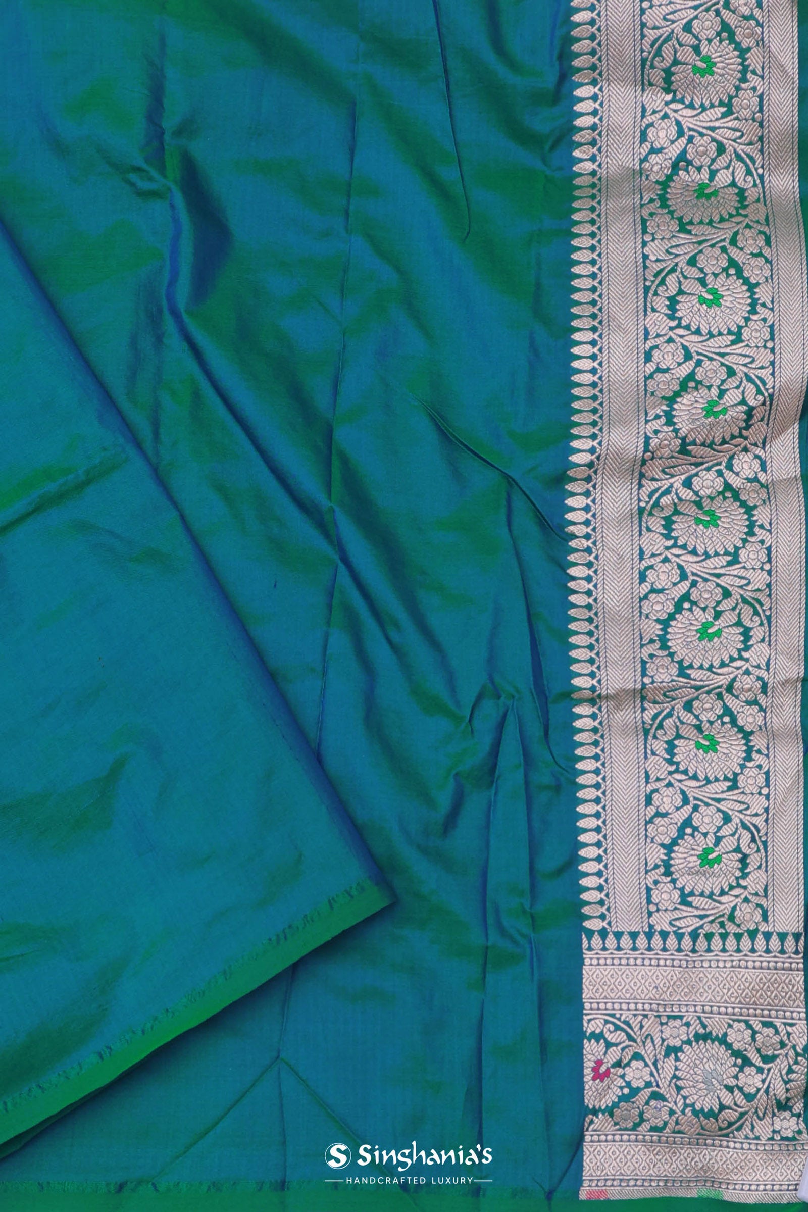 Green And Blue Dual Shade Banarasi Silk Saree With Meenakari Design