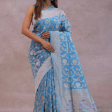 Cerulean Blue Banarasi Silk Saree With Floral Jaal