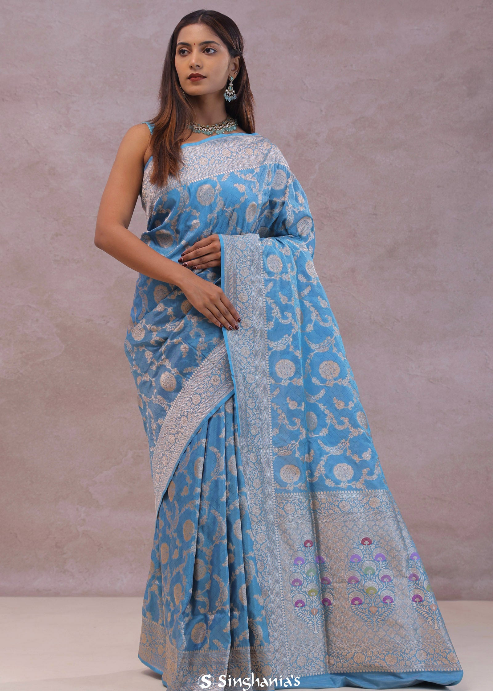 Cerulean Blue Banarasi Silk Saree With Floral Jaal