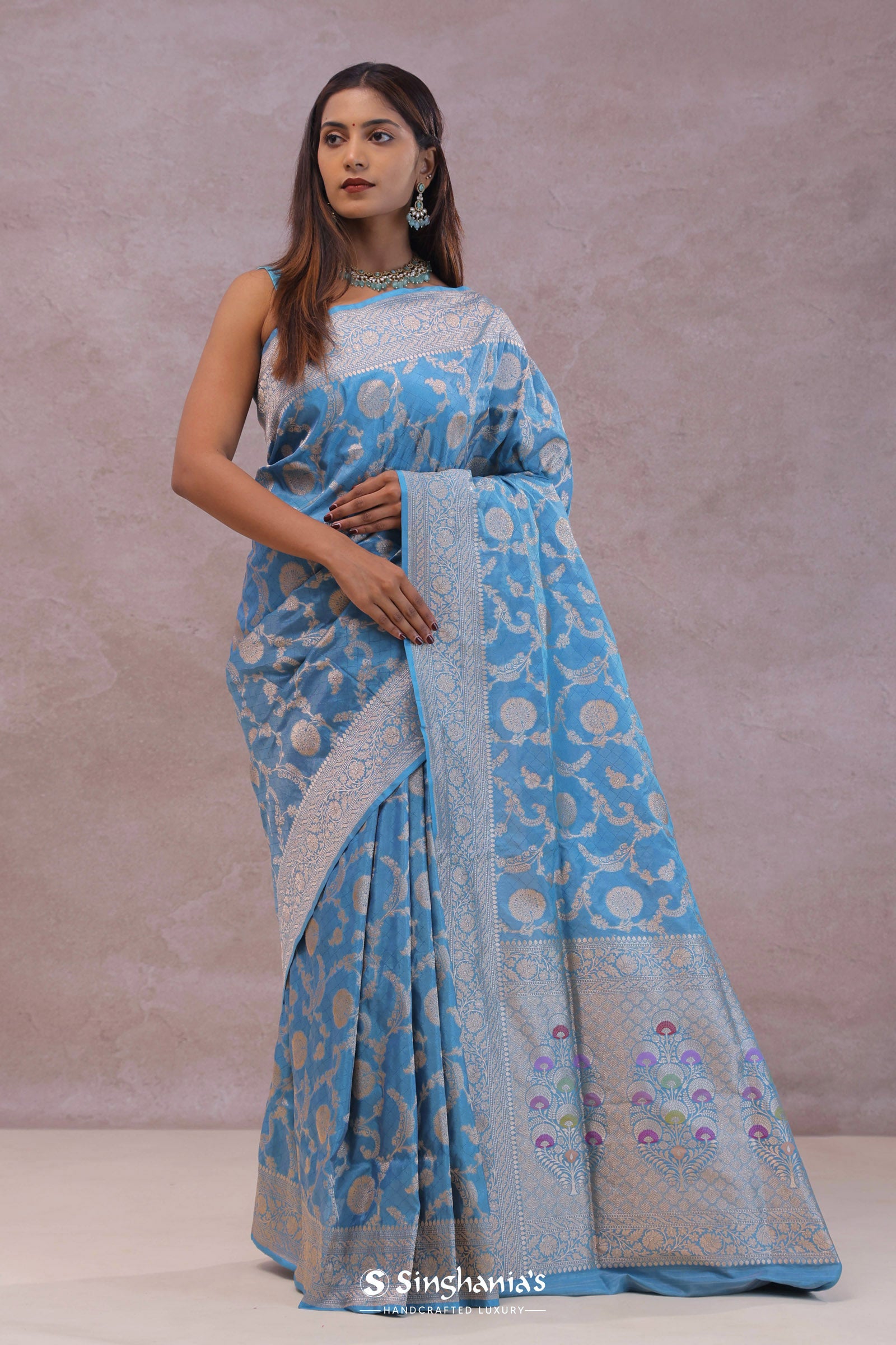 Cerulean Blue Banarasi Silk Saree With Floral Jaal