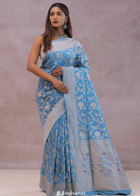 <img> Cerulean Blue Banarasi Silk Saree With Floral Jaal