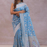 Cerulean Blue Banarasi Silk Saree With Floral Jaal