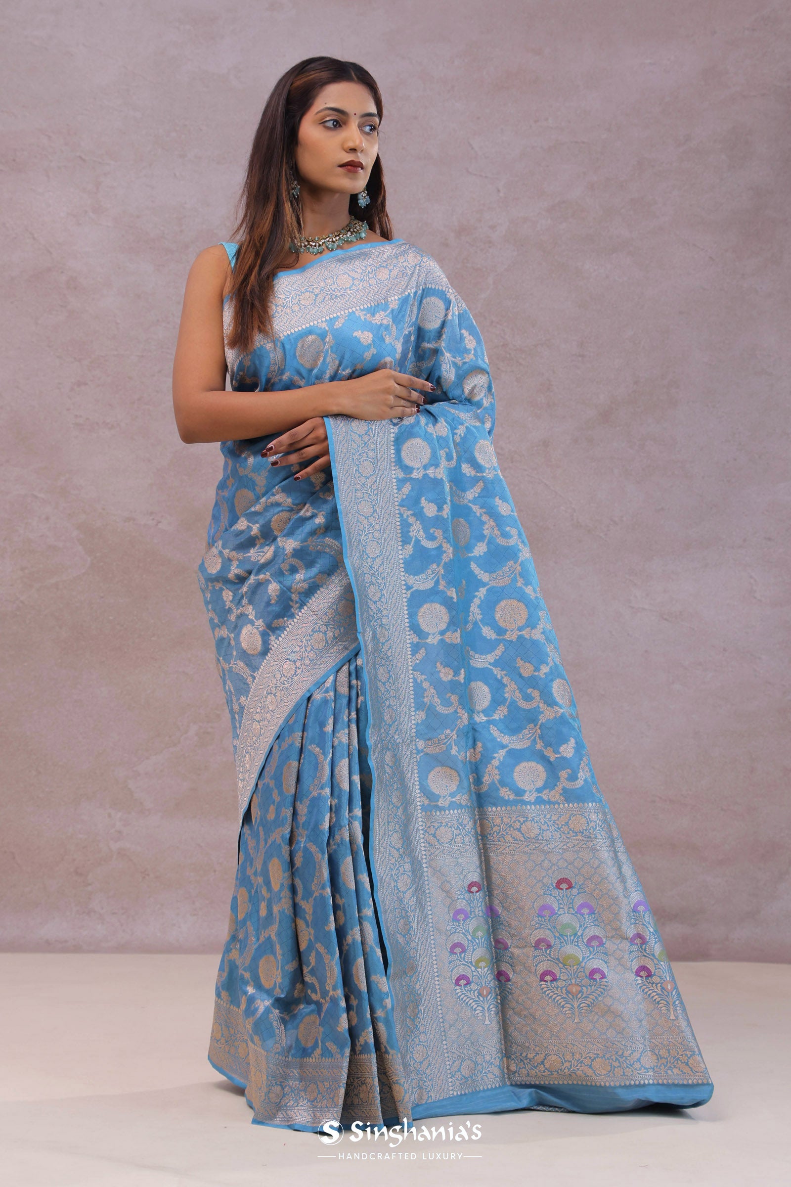 Cerulean Blue Banarasi Silk Saree With Floral Jaal