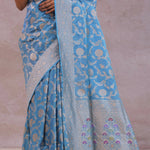 Cerulean Blue Banarasi Silk Saree With Floral Jaal