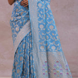 Cerulean Blue Banarasi Silk Saree With Floral Jaal