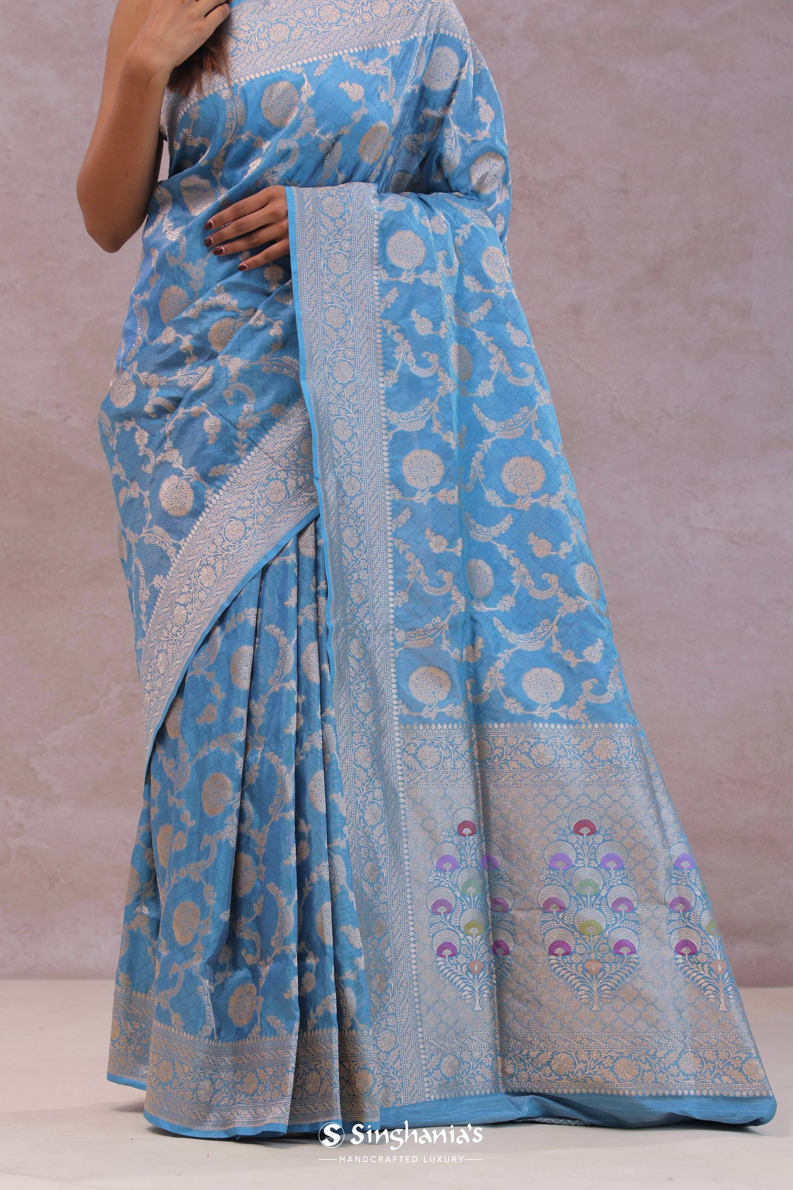 Cerulean Blue Banarasi Silk Saree With Floral Jaal