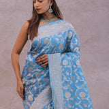 Cerulean Blue Banarasi Silk Saree With Floral Jaal