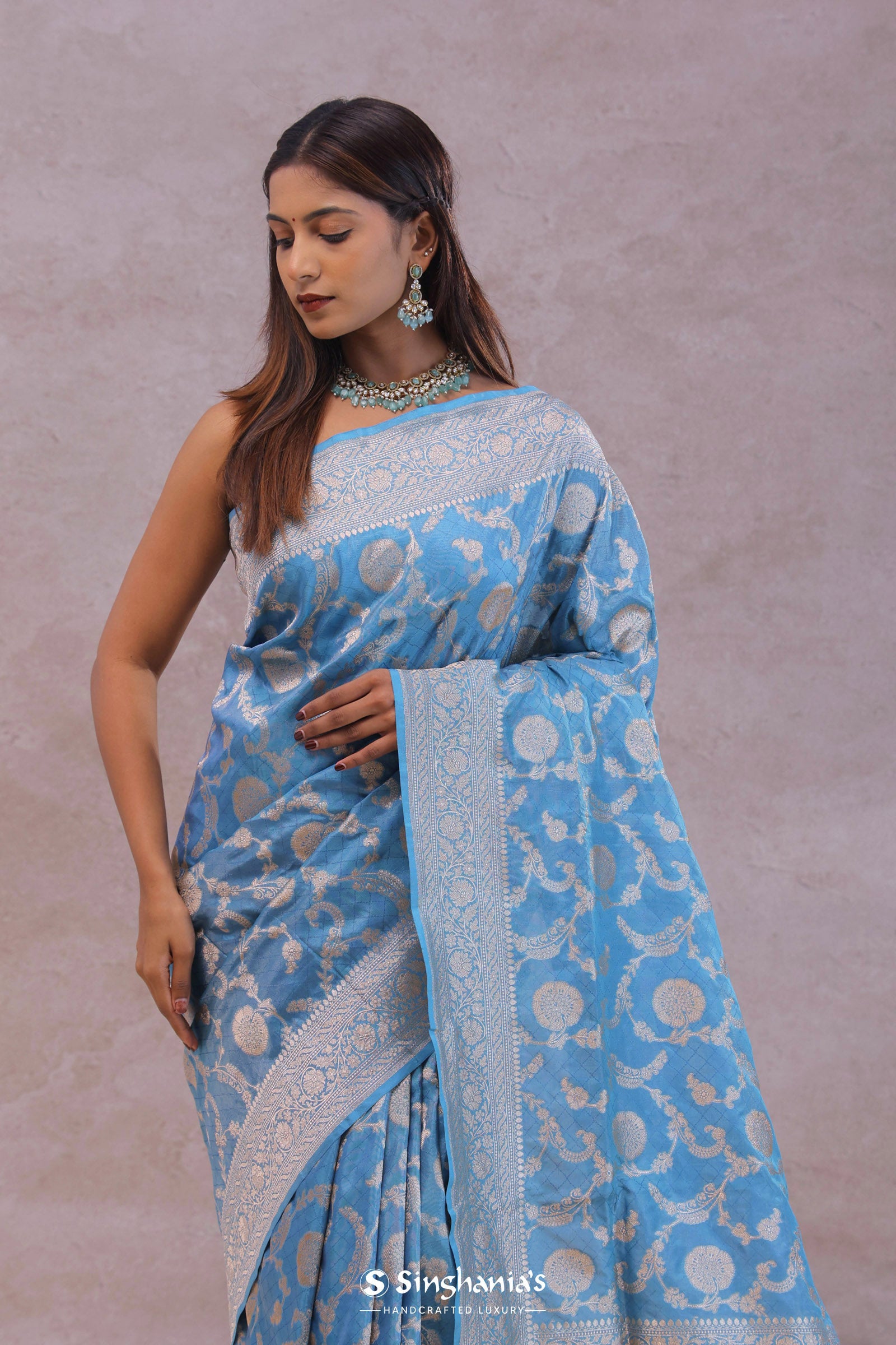Cerulean Blue Banarasi Silk Saree With Floral Jaal