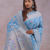 Cerulean Blue Banarasi Silk Saree With Floral Jaal