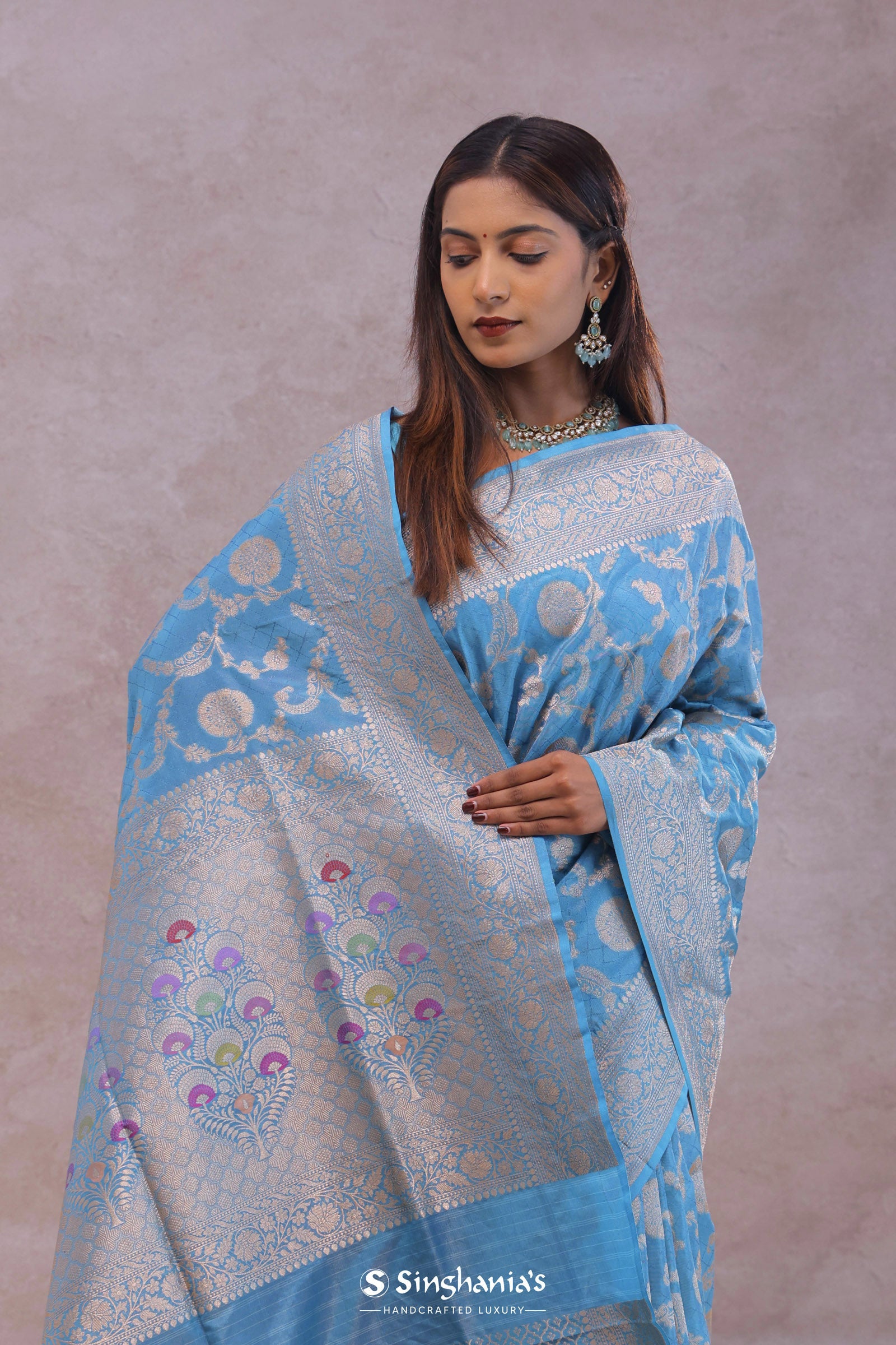 Cerulean Blue Banarasi Silk Saree With Floral Jaal