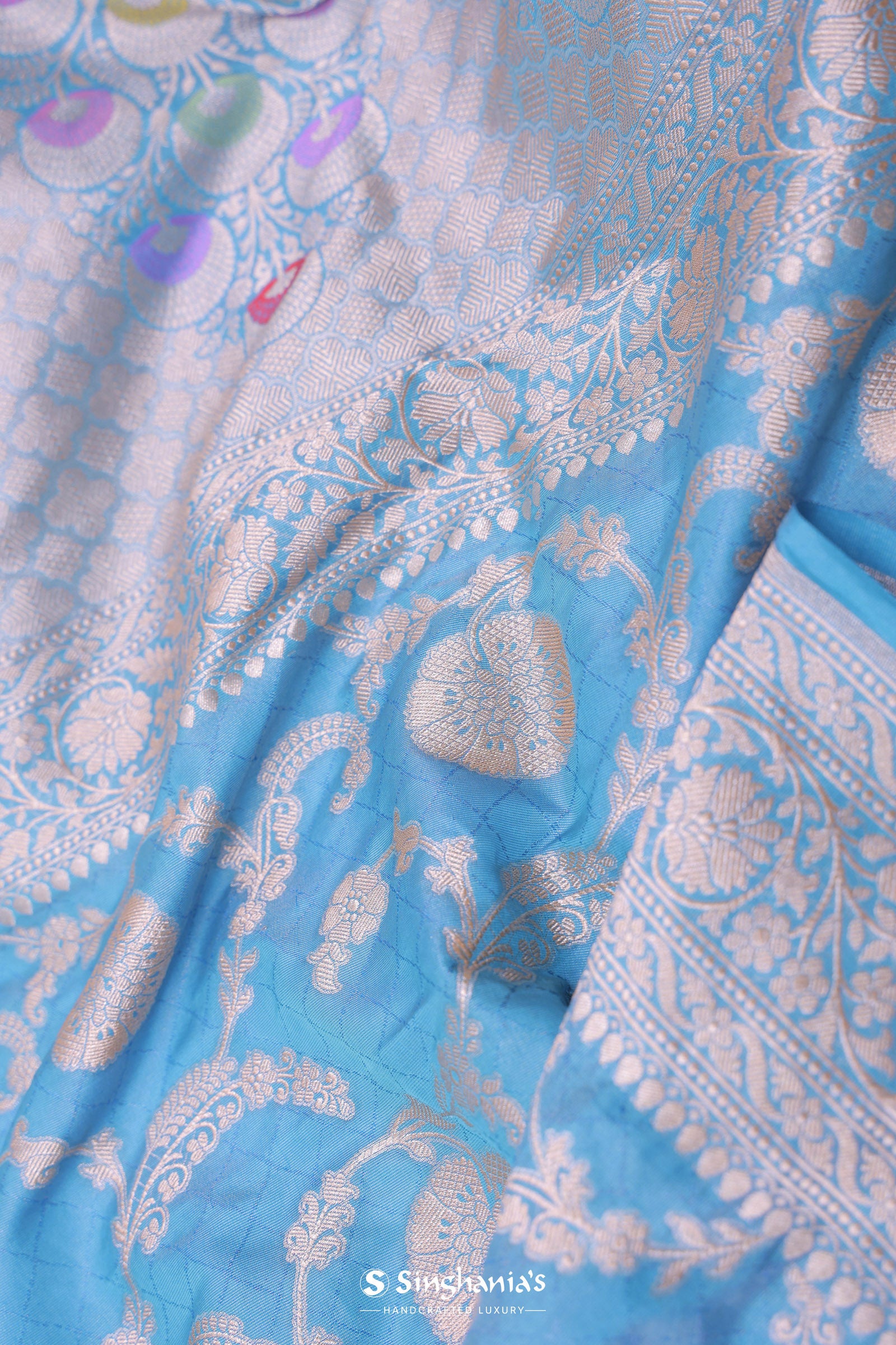 Cerulean Blue Banarasi Silk Saree With Floral Jaal