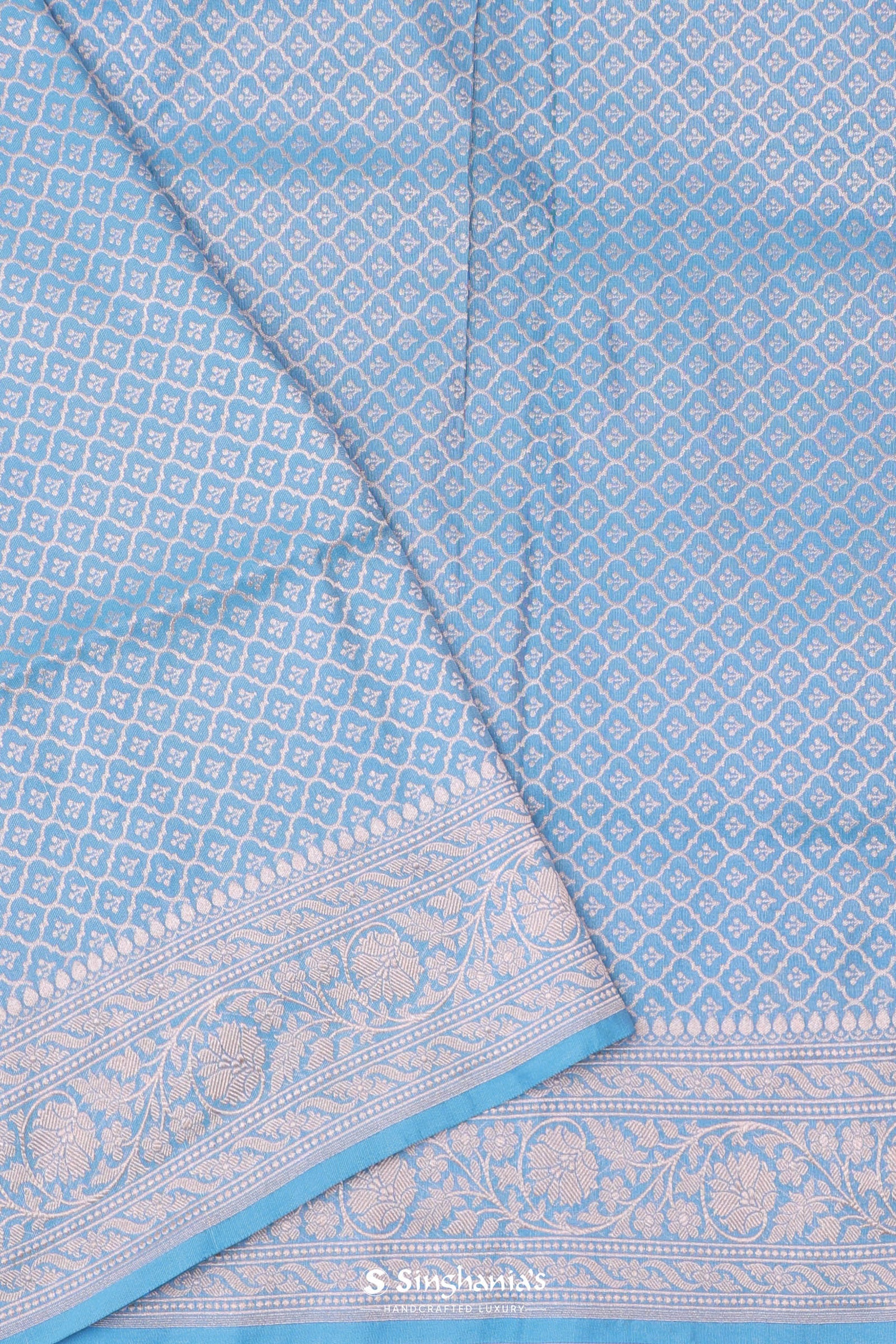 Cerulean Blue Banarasi Silk Saree With Floral Jaal