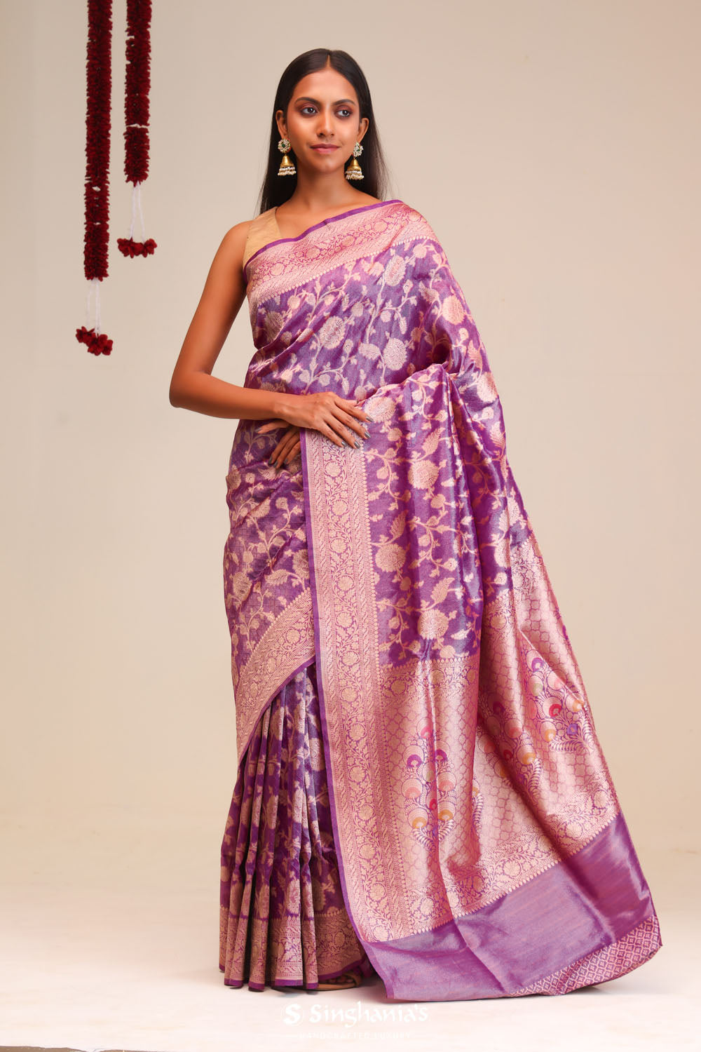 Jangla Tissue Banarasi Saree In Traditional Purple