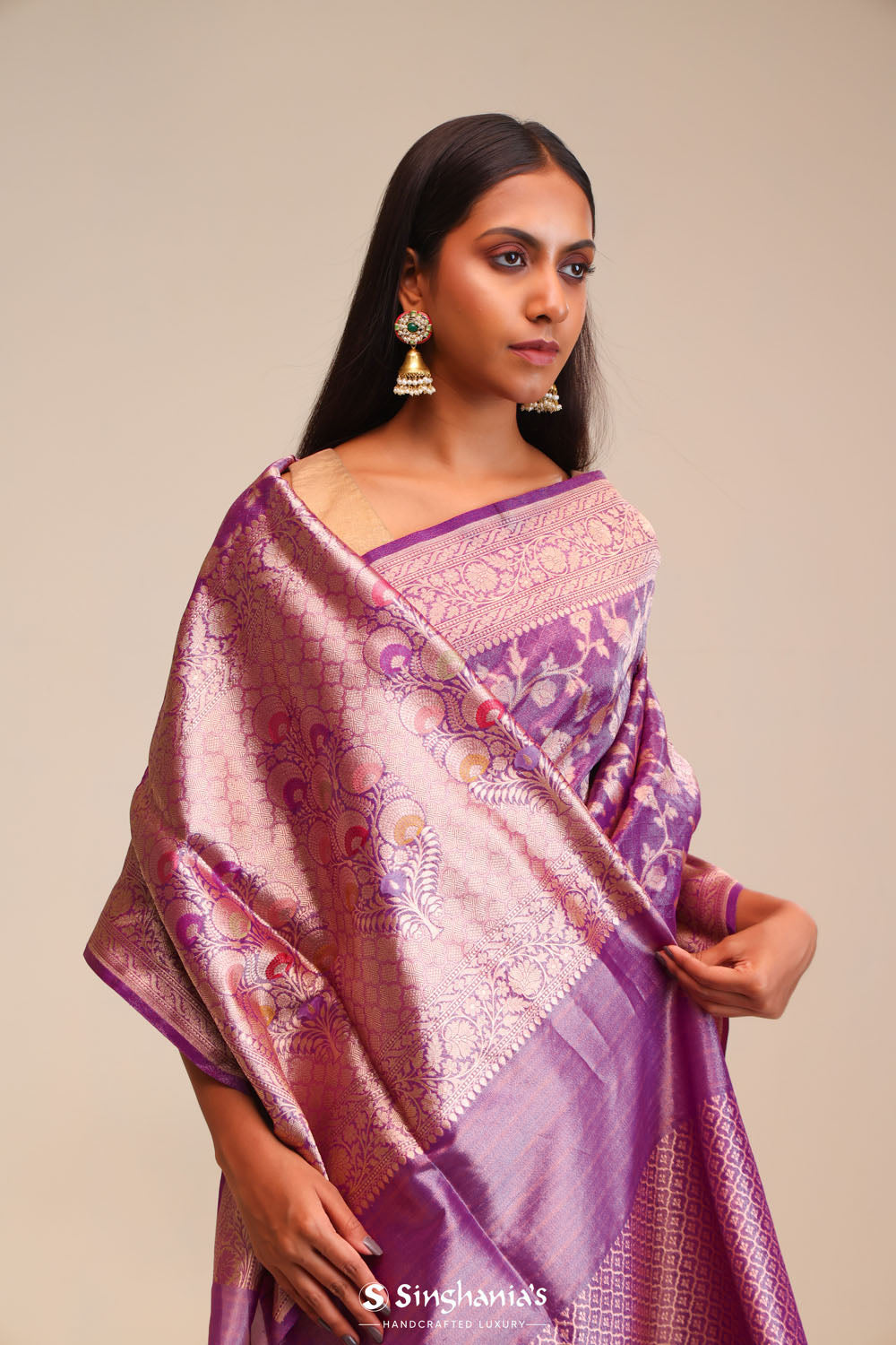 Jangla Tissue Banarasi Saree In Traditional Purple
