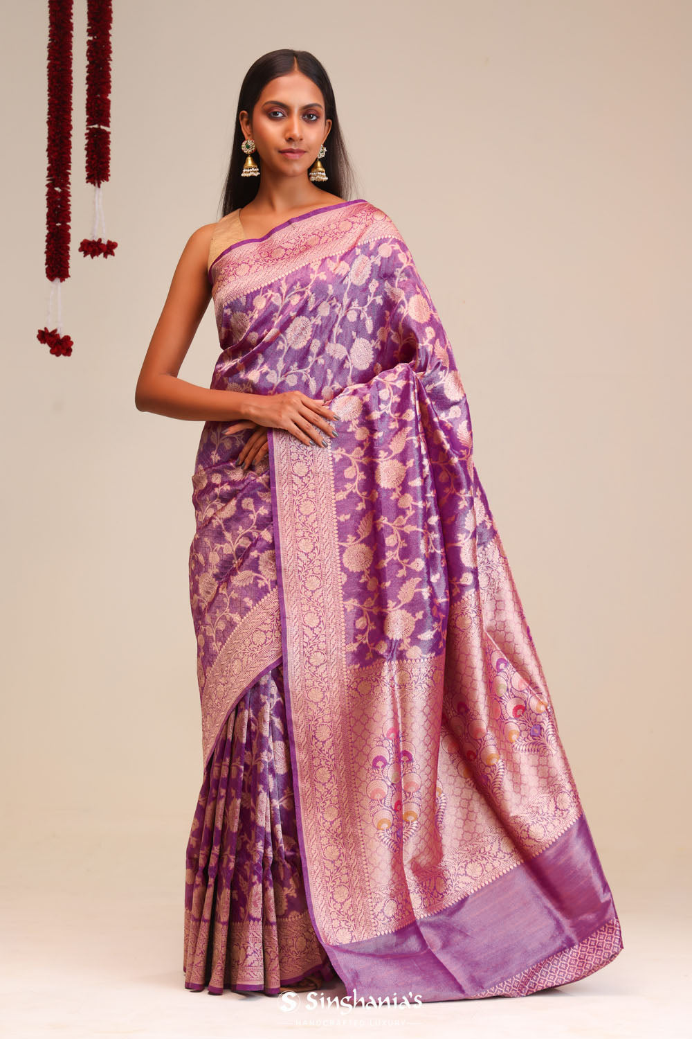 Jangla Tissue Banarasi Saree In Traditional Purple