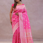 Rose Pink Banarasi Silk Saree With Floral Jaal