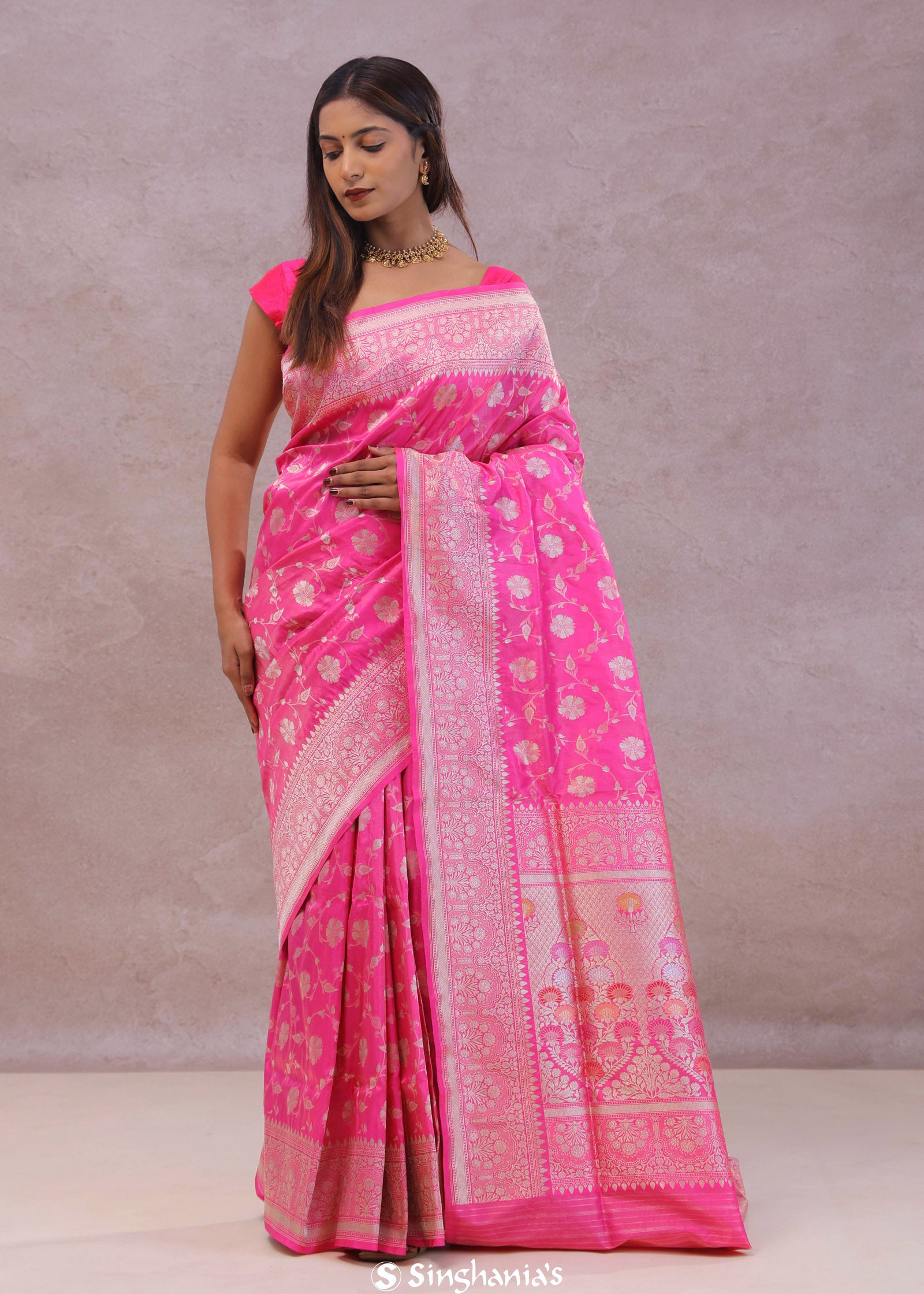 Rose Pink Banarasi Silk Saree With Floral Jaal