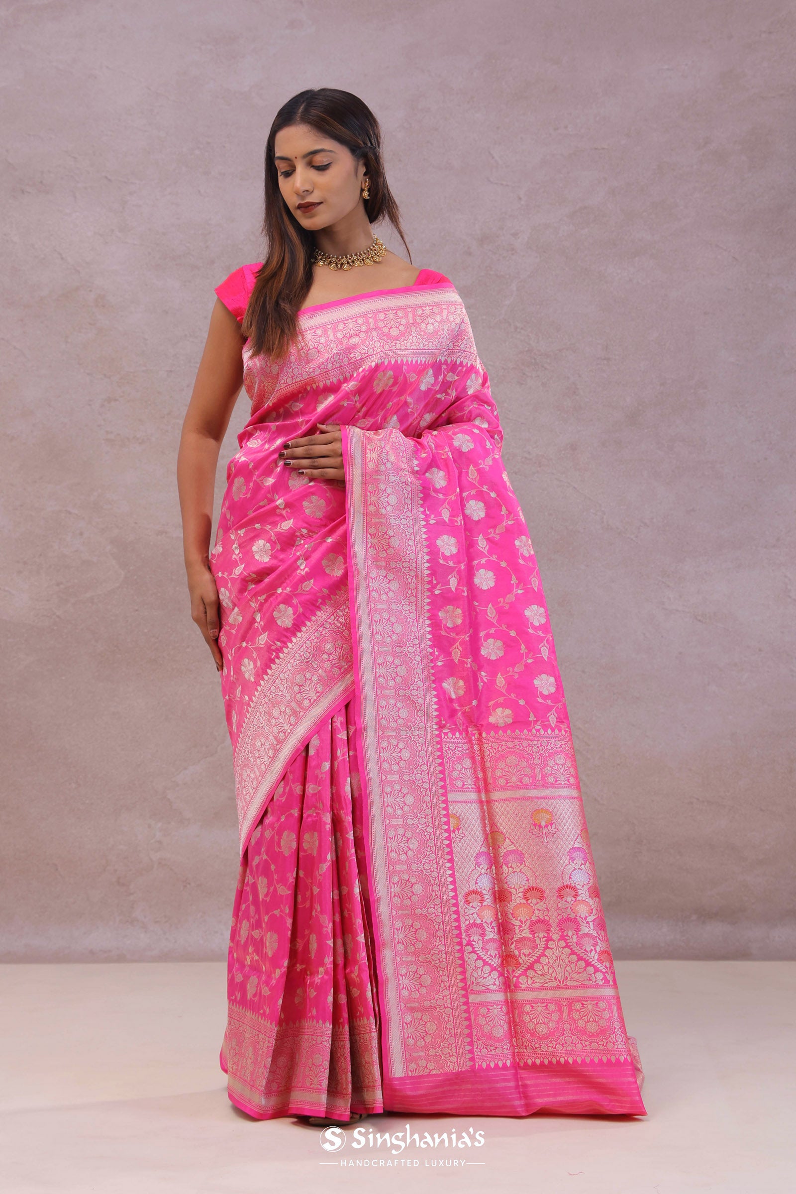 Rose Pink Banarasi Silk Saree With Floral Jaal